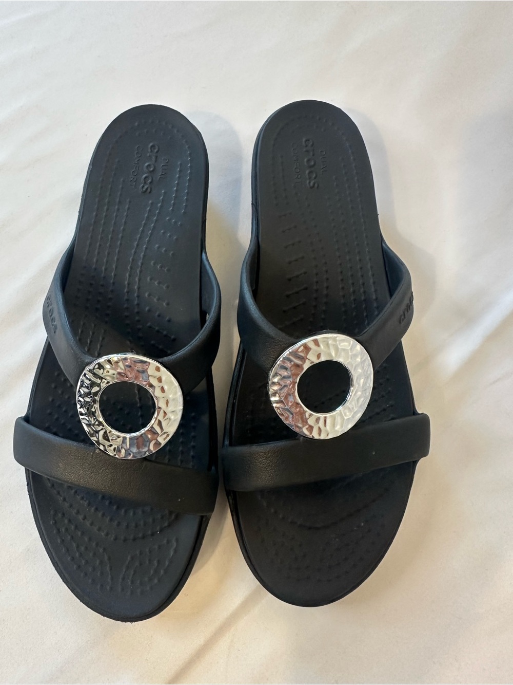 CROCS Black Women’s Slip-On Sandals with Silver Ring Accent